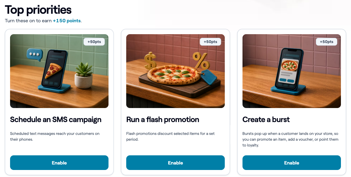 The Top priorities section, showing three cards with an Enable button on each