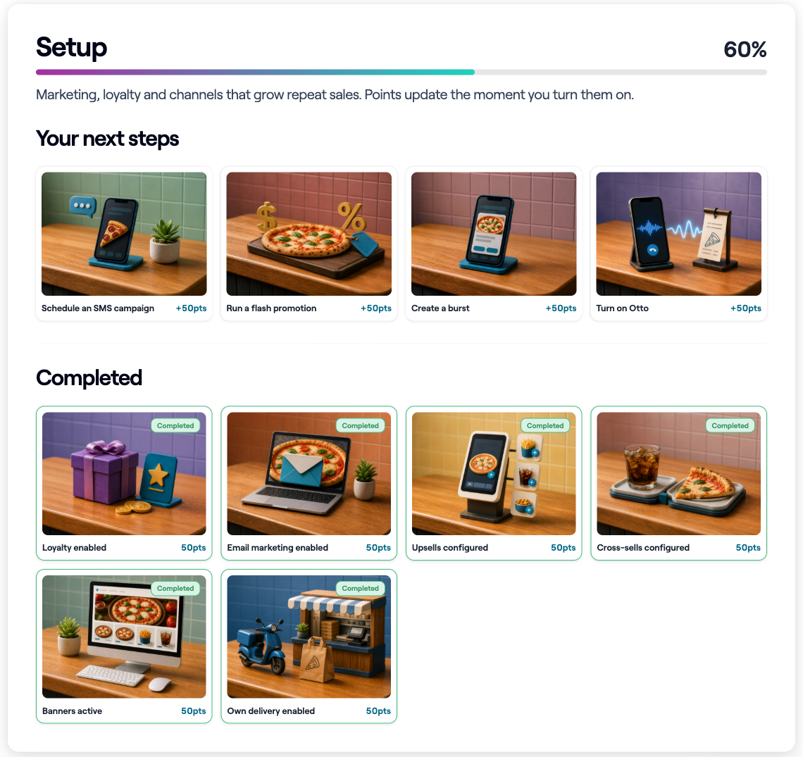 The Setup section, showing Your next steps and Completed features